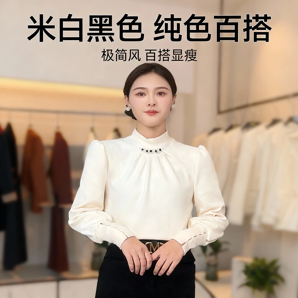 显瘦气质米白色秋季长袖保暖黑色圆领宝藏衣橱时尚纯色百搭针织