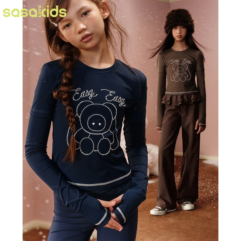 sasakids秋冬抓毛烫钻瑜伽运动打底衫假两件上衣保暖亲肤高弹童装