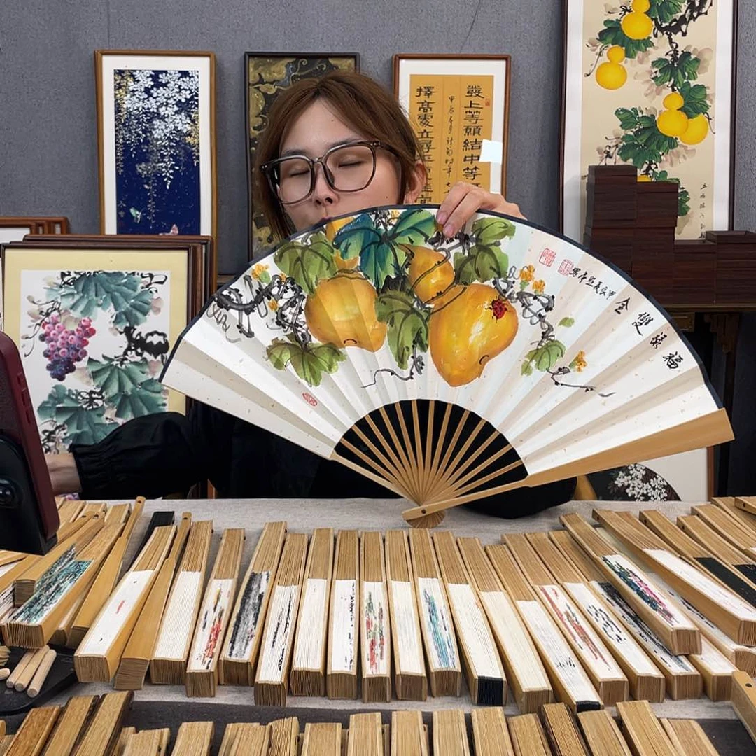 国画10寸玉竹-纯手绘-文玩扇骨（默认粘好）