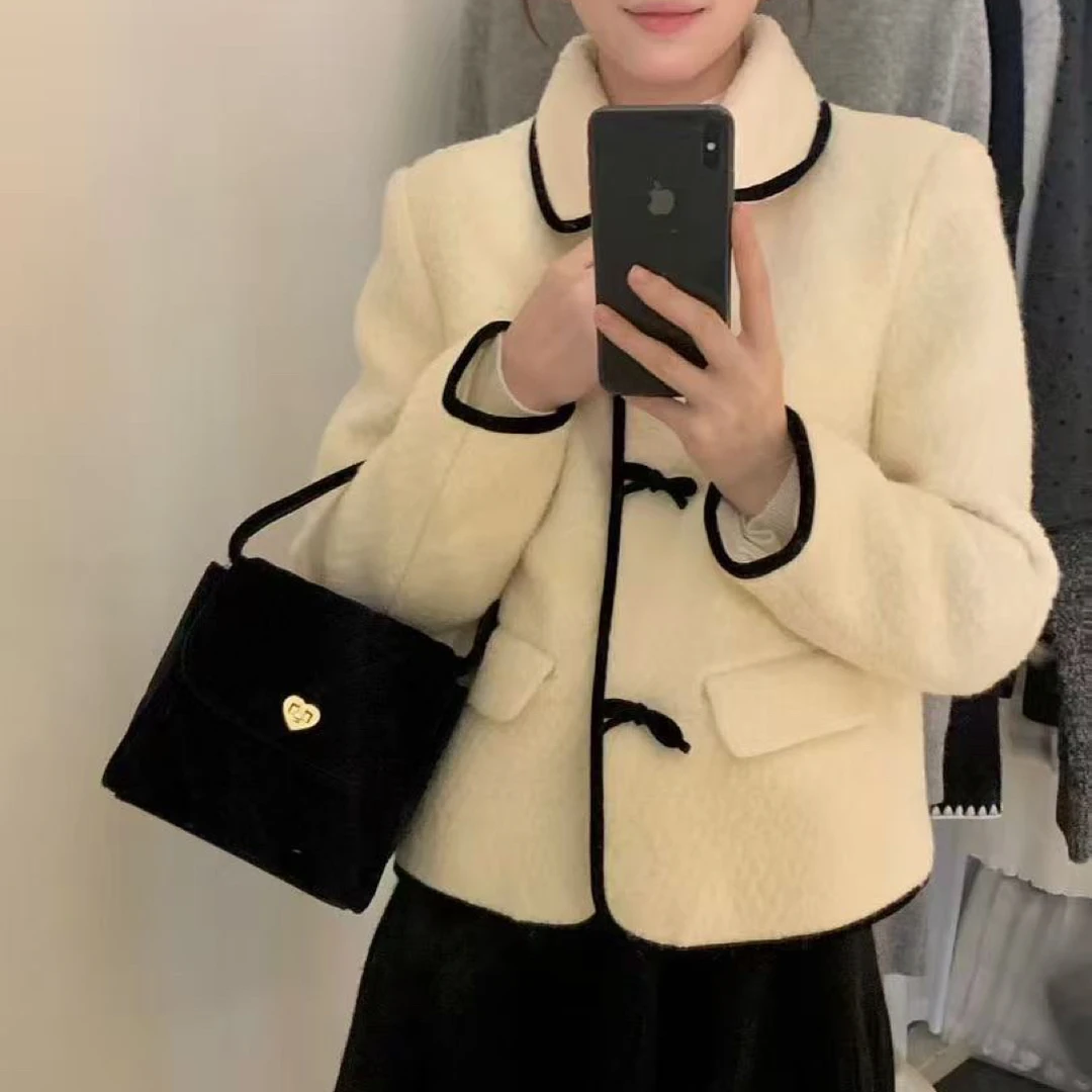 小韩泡菜女冬季小香风短款翻领包边高级感气质外套上衣