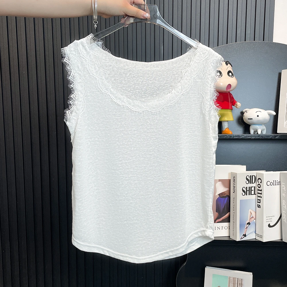 HONG JIA LIN/虹嘉琳法式高级感蕾丝拼接无袖背心大码显瘦上衣夏