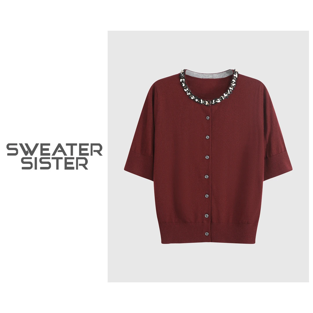 法式时尚钉珠圆领短袖针织开衫女245-82516