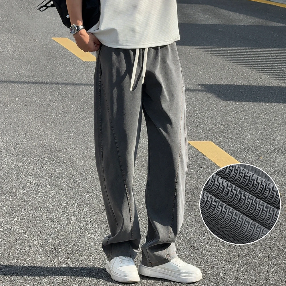 凉感莱赛尔天丝牛仔裤子男夏季阔腿宽松复古水洗人字纹冰丝休闲裤