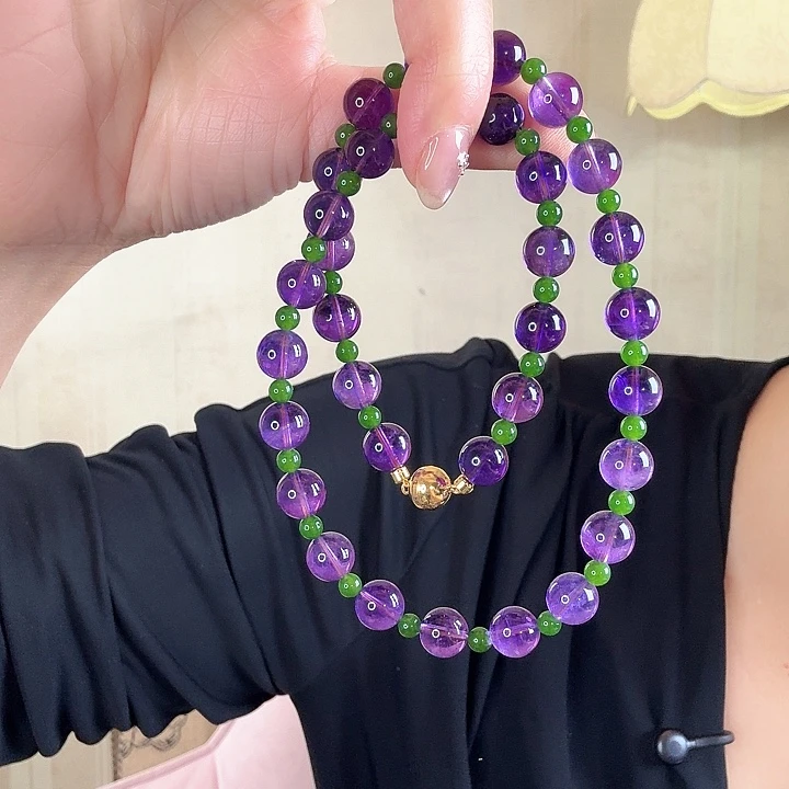 银S925镶嵌水晶颈饰天然乌拉圭紫水晶项链