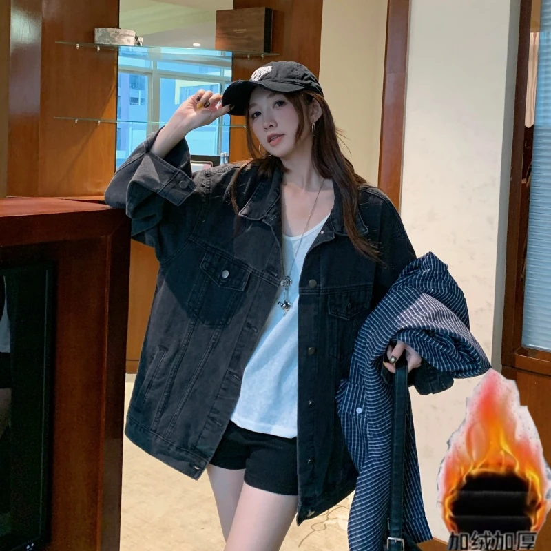 加绒加厚时尚宽松夹克女街头复古高级美式炸街牛仔外套女8680