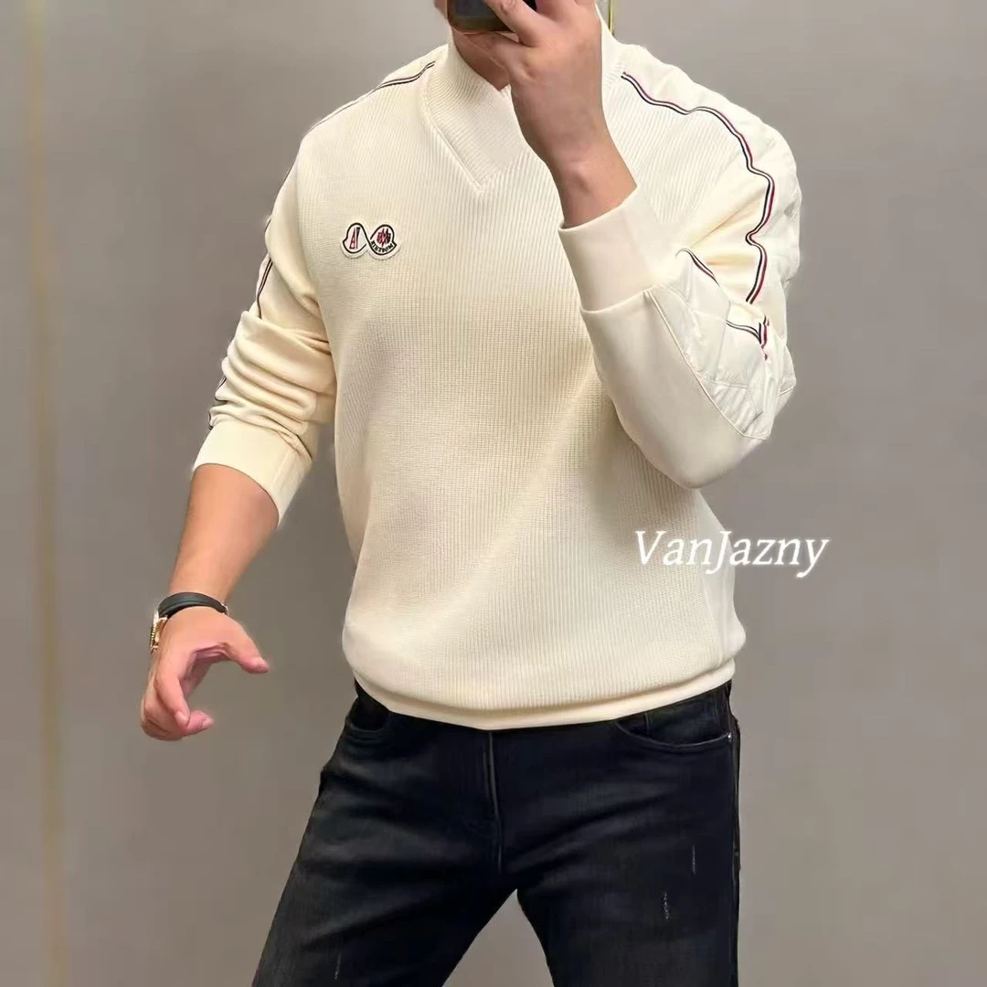 【VanJazny】新款高端男士条纹拼接针织纯色时尚卫衣9052