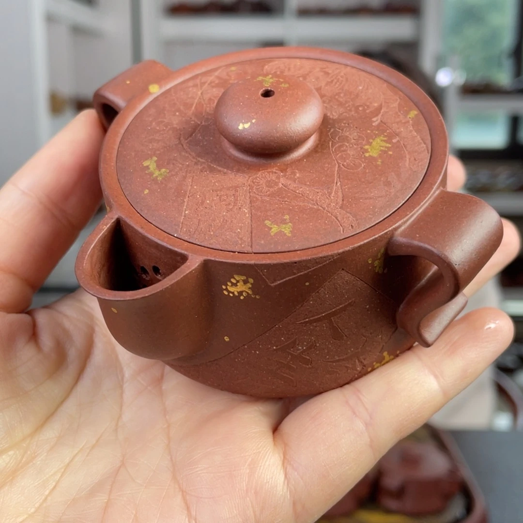 紫砂茶壶底槽清刻绘描金手抓壶125cc