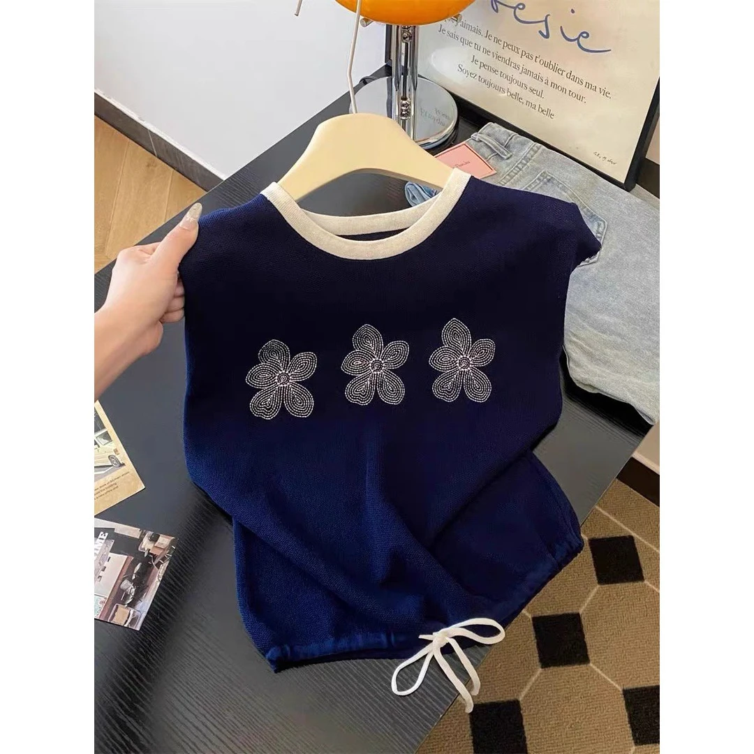 QL—7662夏季轻奢花朵镂空网红显瘦上衣提花毛针织衫飞飞袖