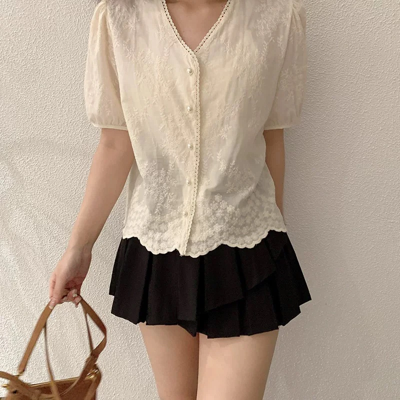 夏季长袖V领成人拼接短款衬衫004