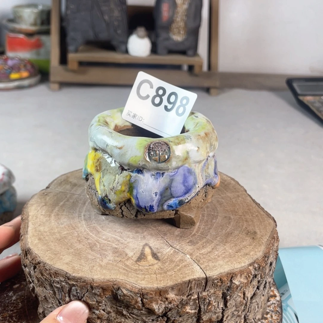 紫砂花盆孤品 不规则油画山石 小地雷 内口4