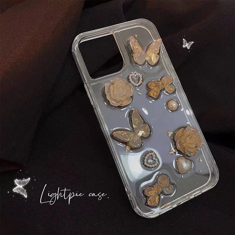 金箔花朵蝴蝶适用苹果16手机壳小米 红米 vivo oppo 华为荣耀软壳