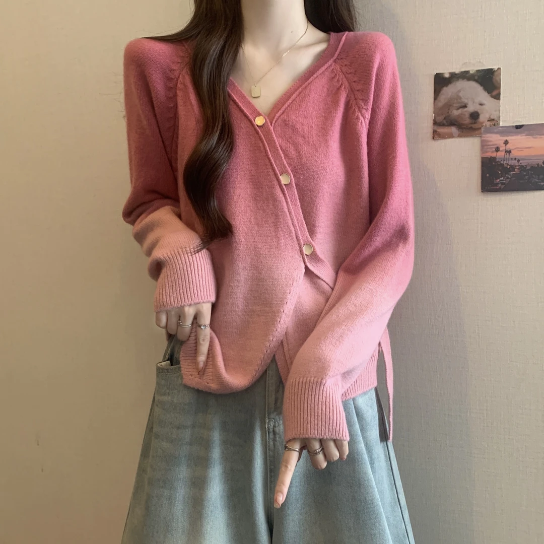 大码胖MM早春秋渐变色针织开衫外套女设计感小众上衣别致漂亮毛衣