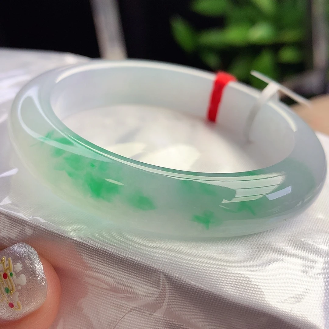 未镶嵌手镯翡翠5152圈口冰飘金丝阳绿花16号