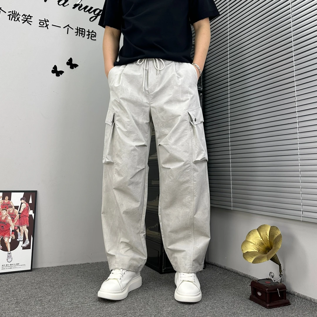 男士夏季薄款美式休闲大口袋工装裤男直筒宽松抽绳速干阔腿裤子