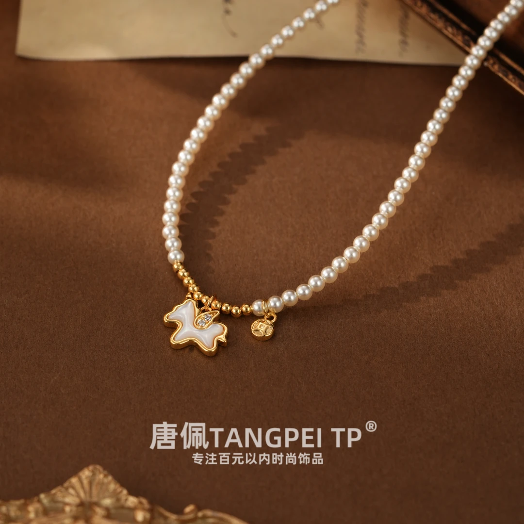 铜合金玻璃项链 设计感个性追梦小马珠珠项链优雅锁骨链时尚饰品