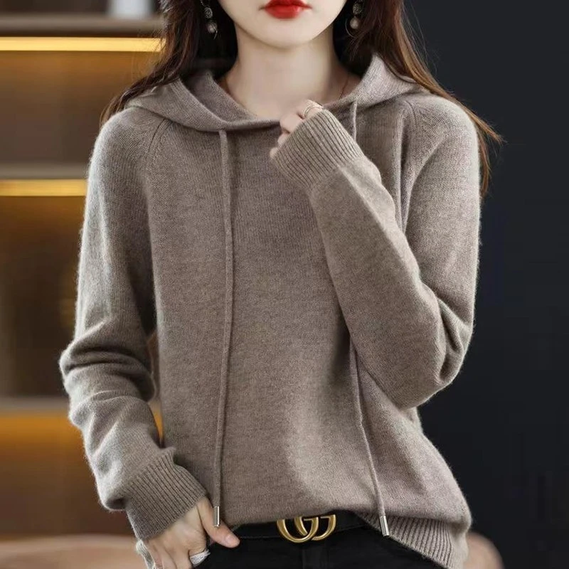 大码女装连帽羊绒衫女针织毛衣春秋新款时尚休闲减龄羊毛上衣外套