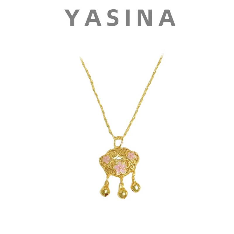 花丝镂空桃花铃铛平安锁项链