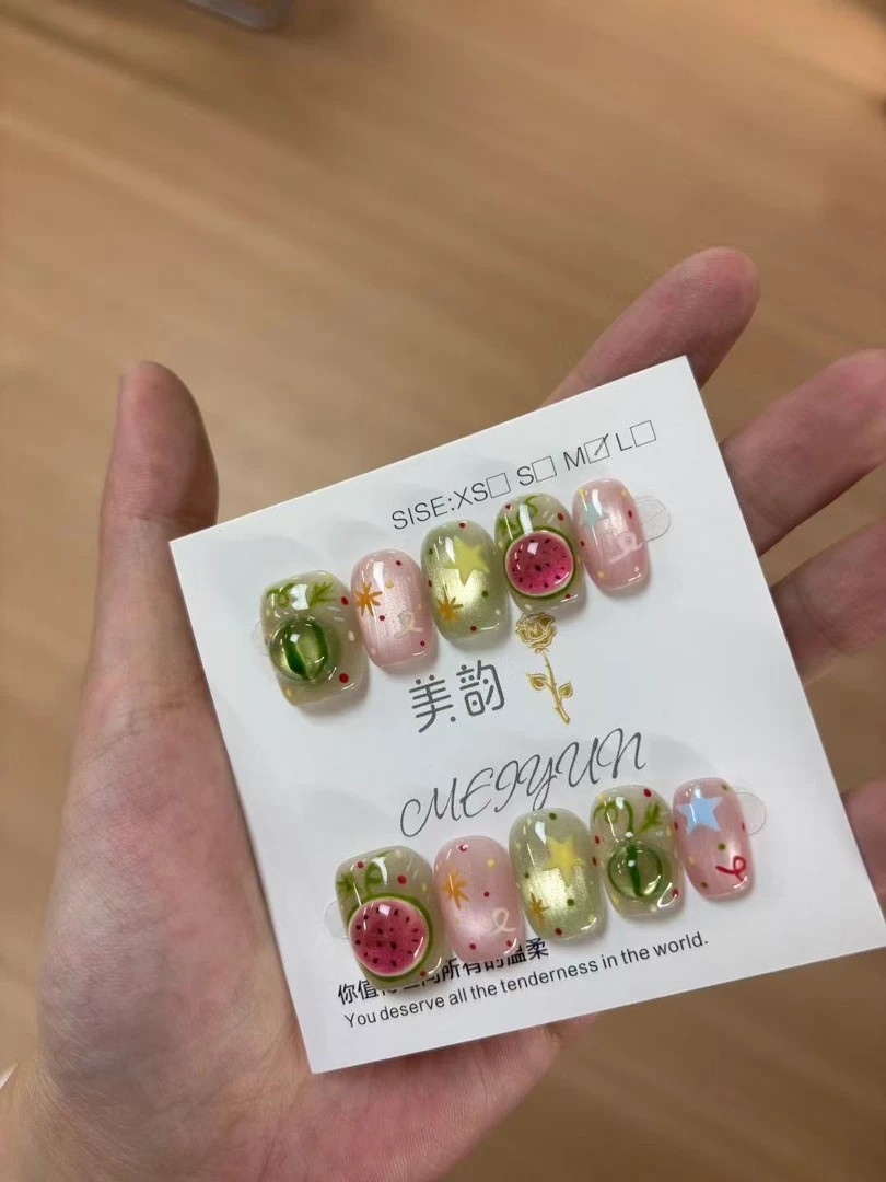 【西瓜脆啵啵】手绘手捏麒麟瓜夏日风情水果款可爱纯手工穿戴甲