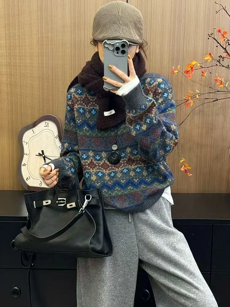 复古巴恩风重工提花毛衣女款2025新款春秋慵懒高级感针织毛衣104