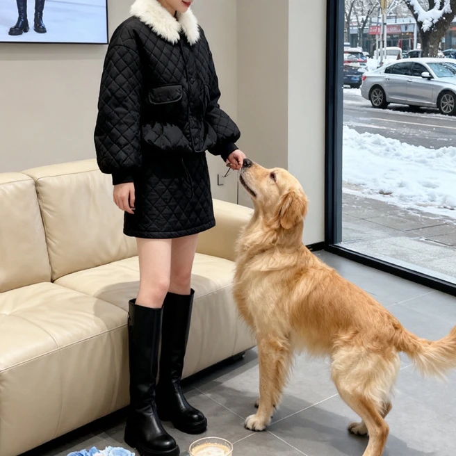 菱格毛领短款时尚韩版小香风棉服收腰外套+半身裙两件套装