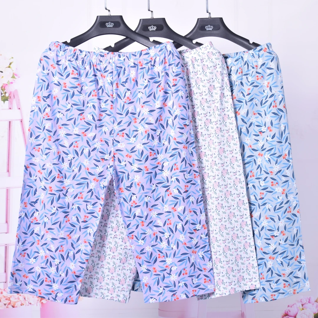 中老年女纯棉七分裤夏季薄棉中长睡裤妈妈宽松大码针织全棉家居裤