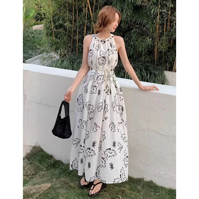 亚麻度假风无袖气质印花系带连衣裙女夏季新款洋气a字背心裙