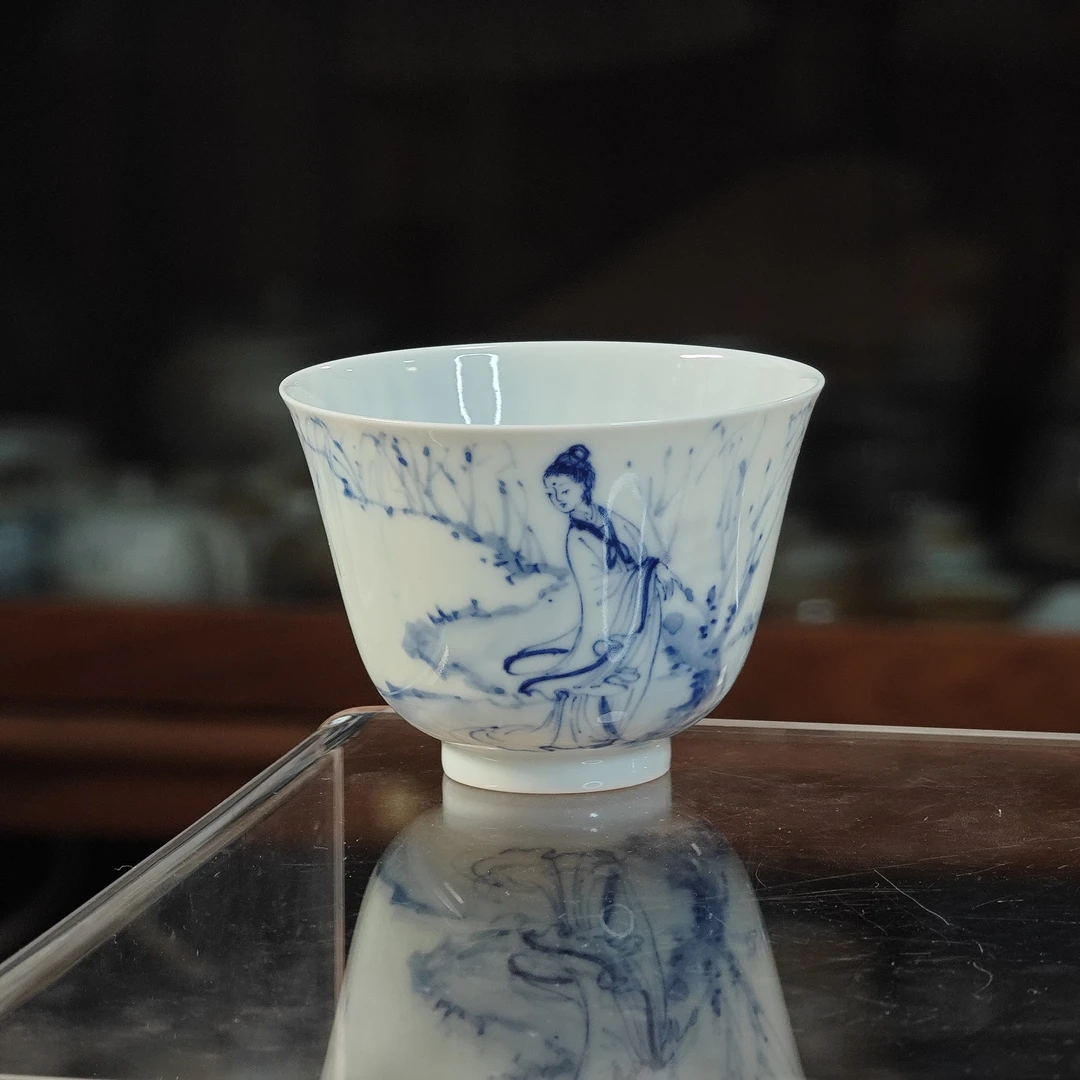 纯手绘青花人物湘夫人题词可乐杯薄胎主人杯