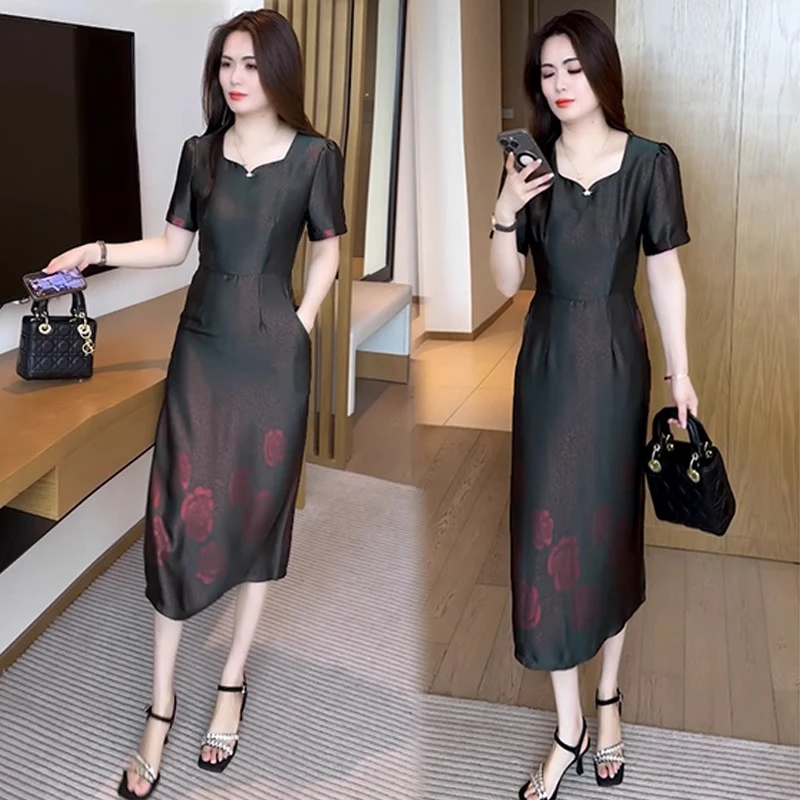 啄木鸟连衣裙气质女装女夏季新款洋显瘦减龄印花中长款A字裙子