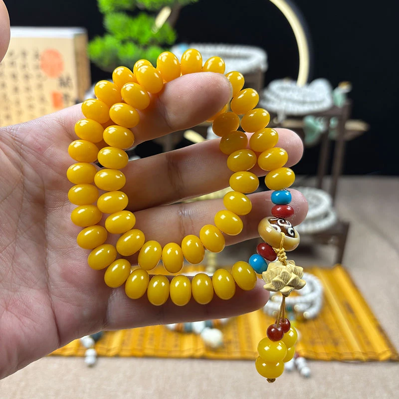 风化黄菩提根手串双圈名族风算盘珠手持念珠莲花吊坠款文玩