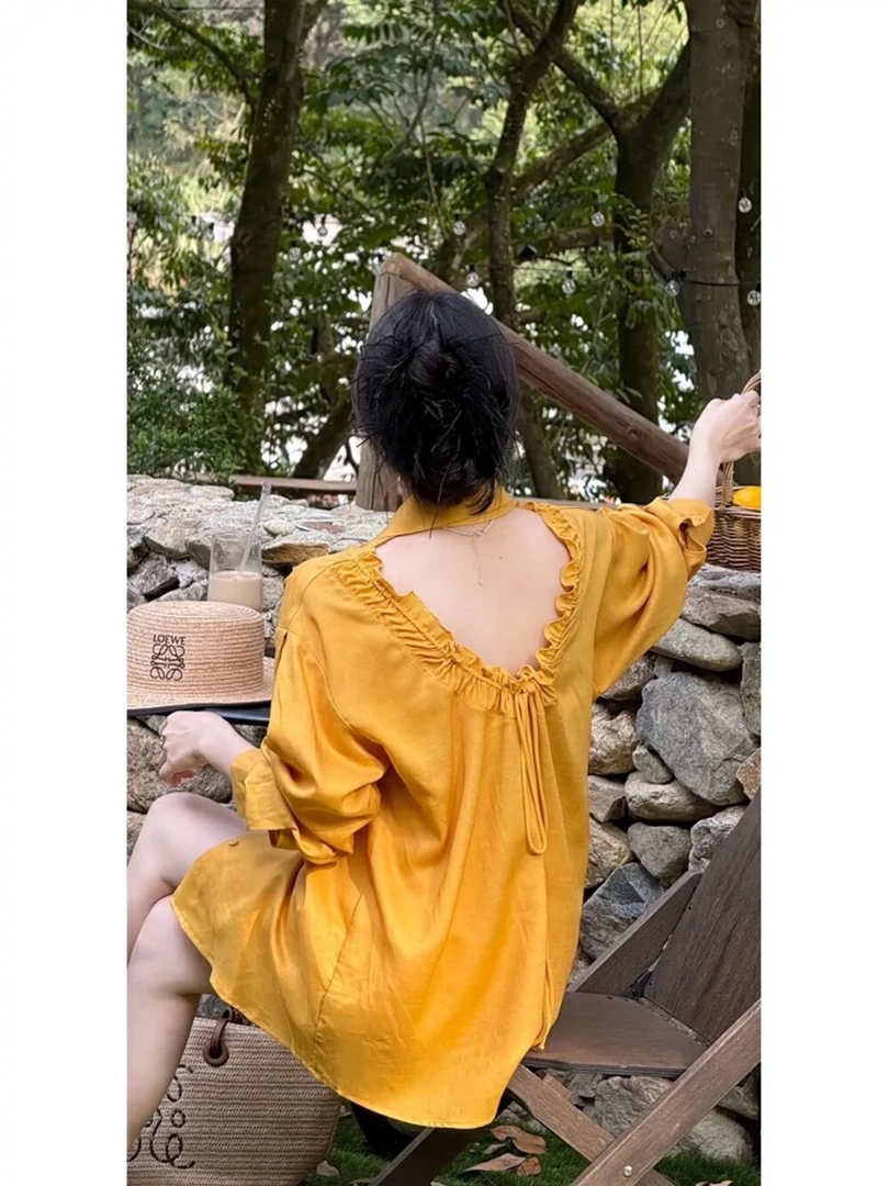 长袖露背休闲风衬衫袖法式衬衫设计感方领气质娃娃衫