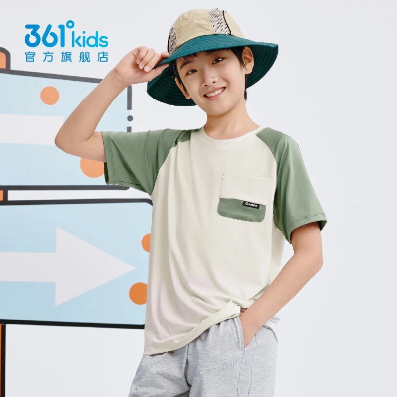 【圆领针织T】361°kids儿童童装中大童圆领短袖拼接速干针织衫