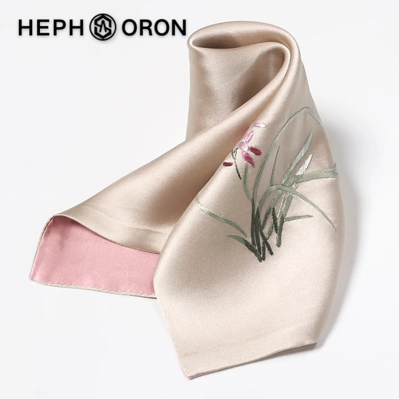 HEPHSORON苏绣丝巾礼盒送妈妈香槟色刺绣高级感桑蚕丝真丝小方巾