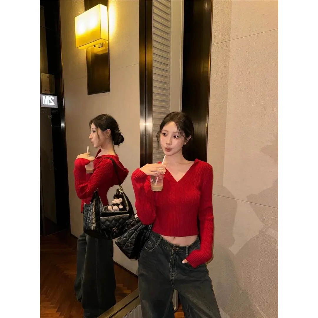 毛衣女2025早春新款过年气质网红软糯连帽显瘦红色针织长袖上衣