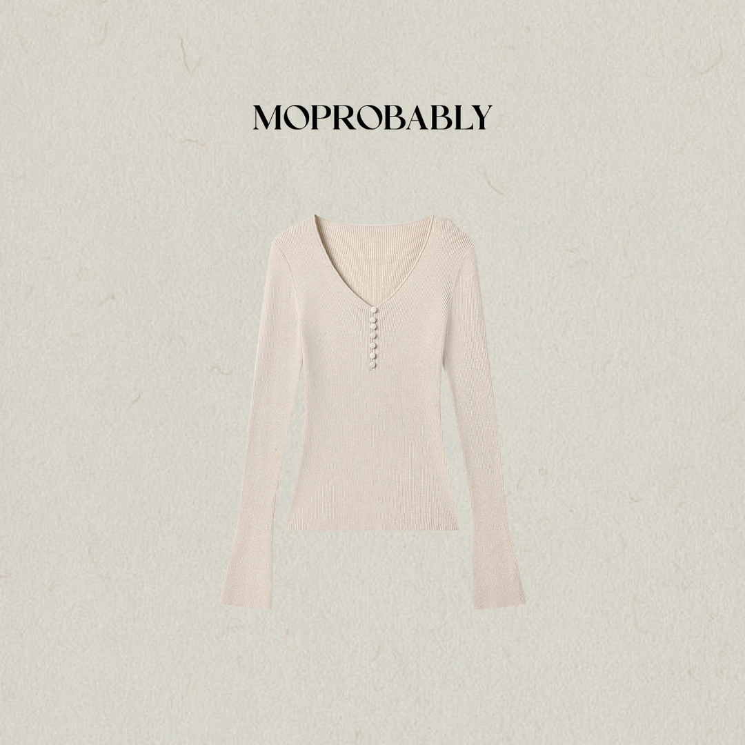 Moprobably李予诺「银杏树」丝光羊毛16支超细织V领针织衫L5476078