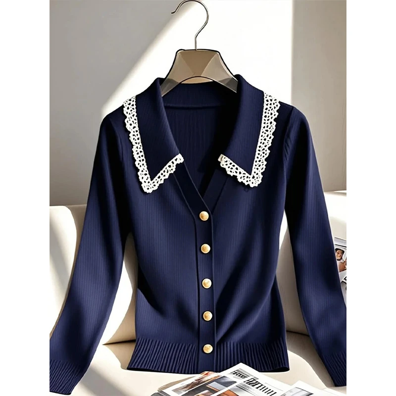 纯欲慵懒风女装蓝色蕾丝花边针织衫早秋季新款高级感洋气长袖上衣