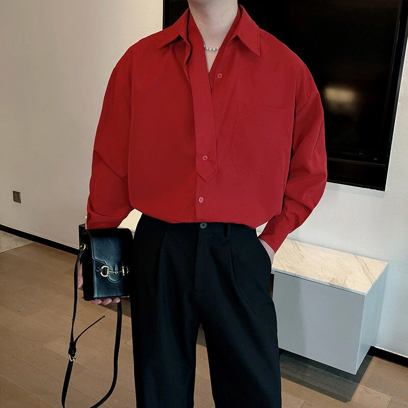 2025春秋新款领带装饰衬衫男长袖设计感韩版痞帅发型师衬衣休闲潮