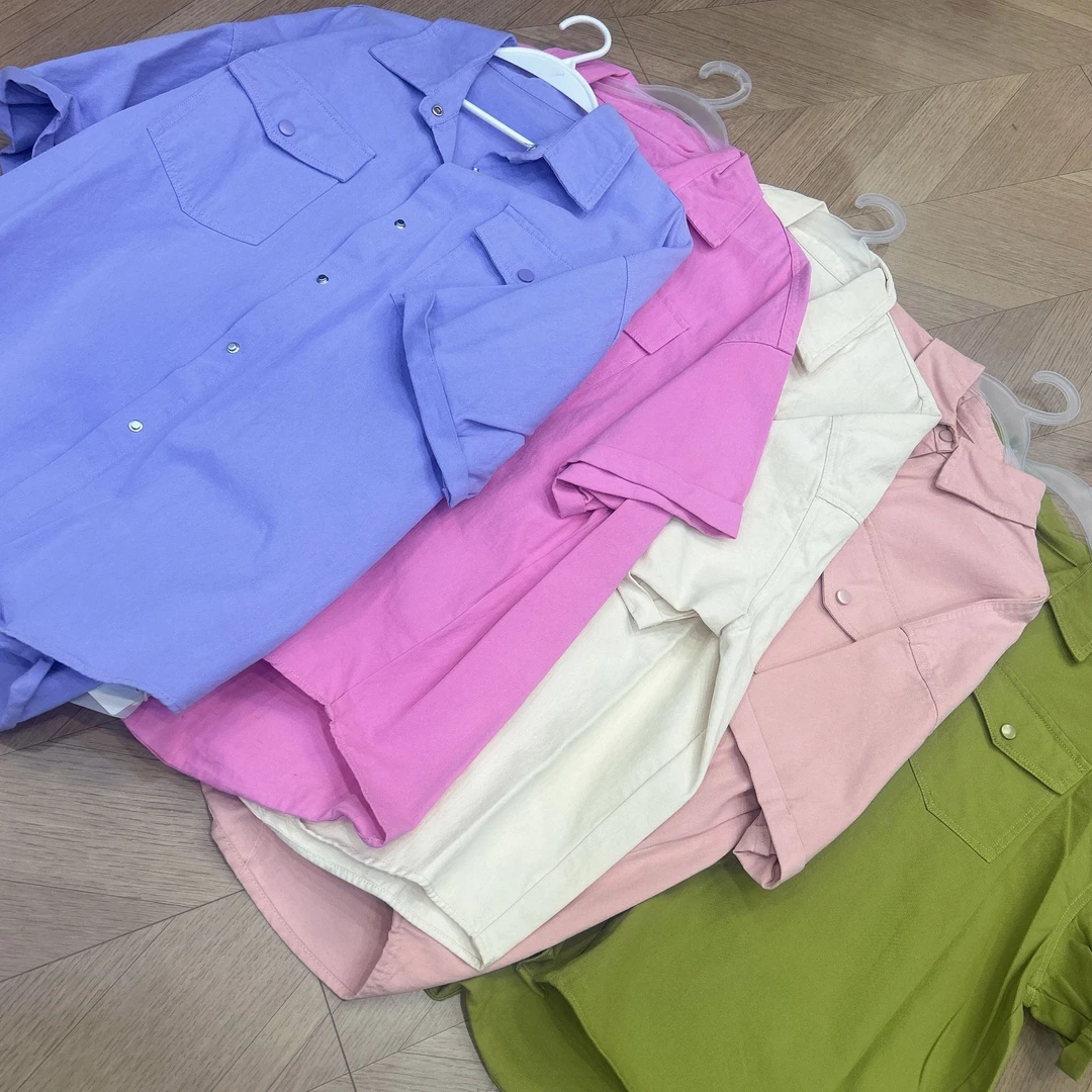 2025新款纯色衬衫宽松设计感双口袋衬衣工装风短袖上衣女B3360
