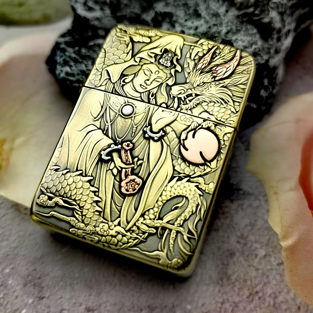 ZIPPO打火机1941B黄铜玉龙观音3D浮雕镶嵌DYJ1