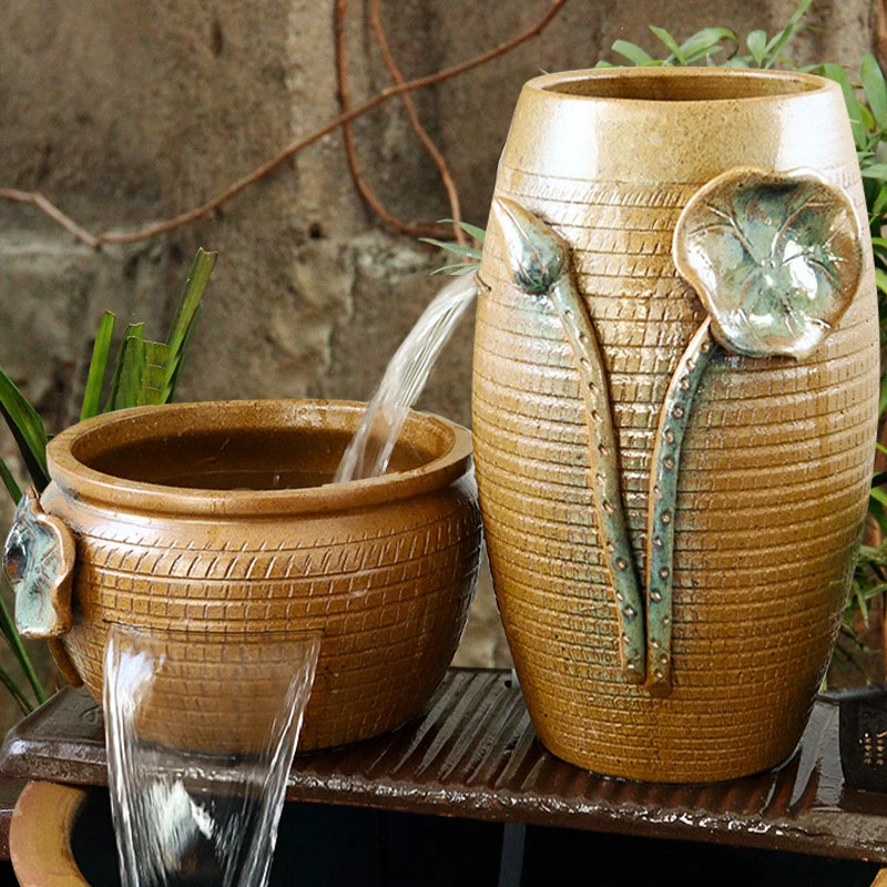 循环水养鱼流水瀑布过滤器造景全套鱼池生态陶瓷摆件陶罐古法鱼缸