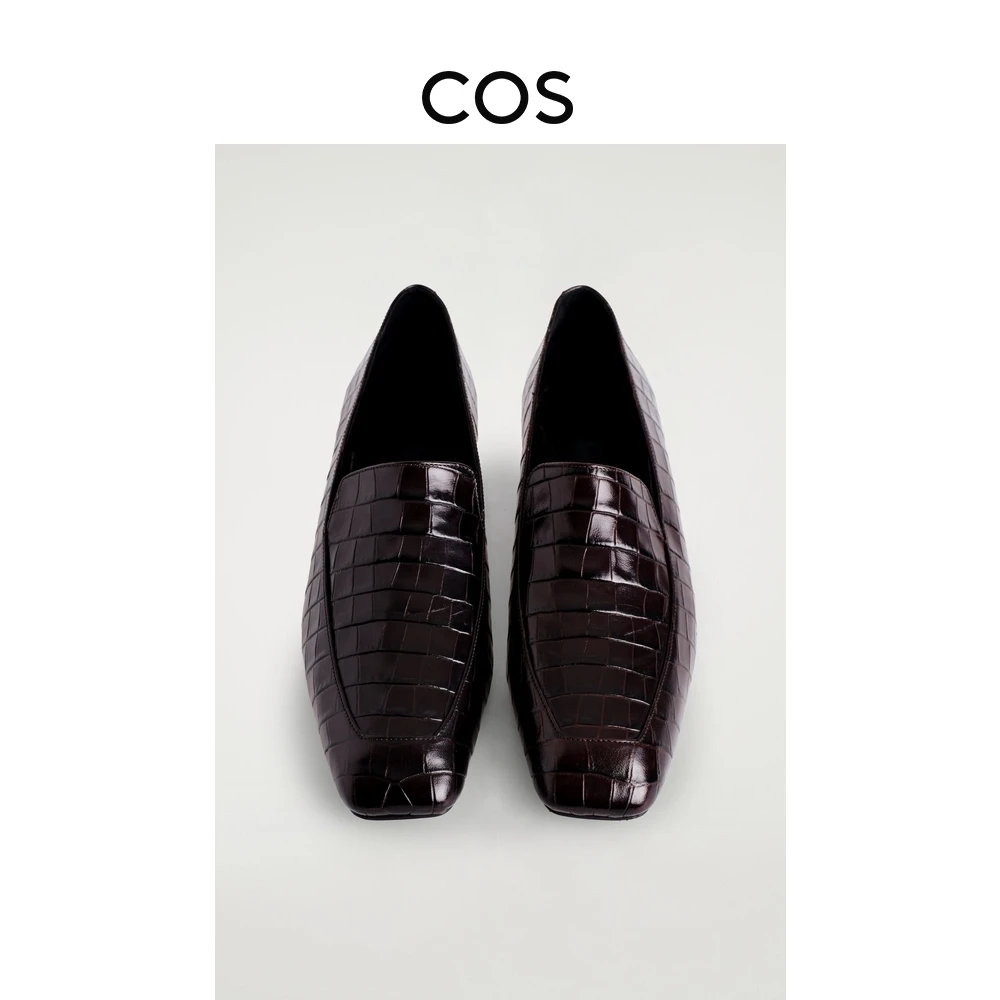 COS女士 仿鳄鱼纹压花皮革高跟乐福鞋深棕2025秋季新品1294090002