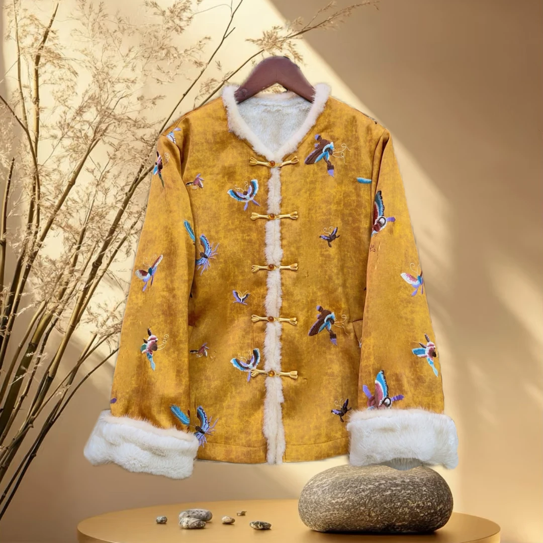 『秋庭蝶影』新中式2025冬季国风刺绣双面双穿水貂外套2025冬季上衣