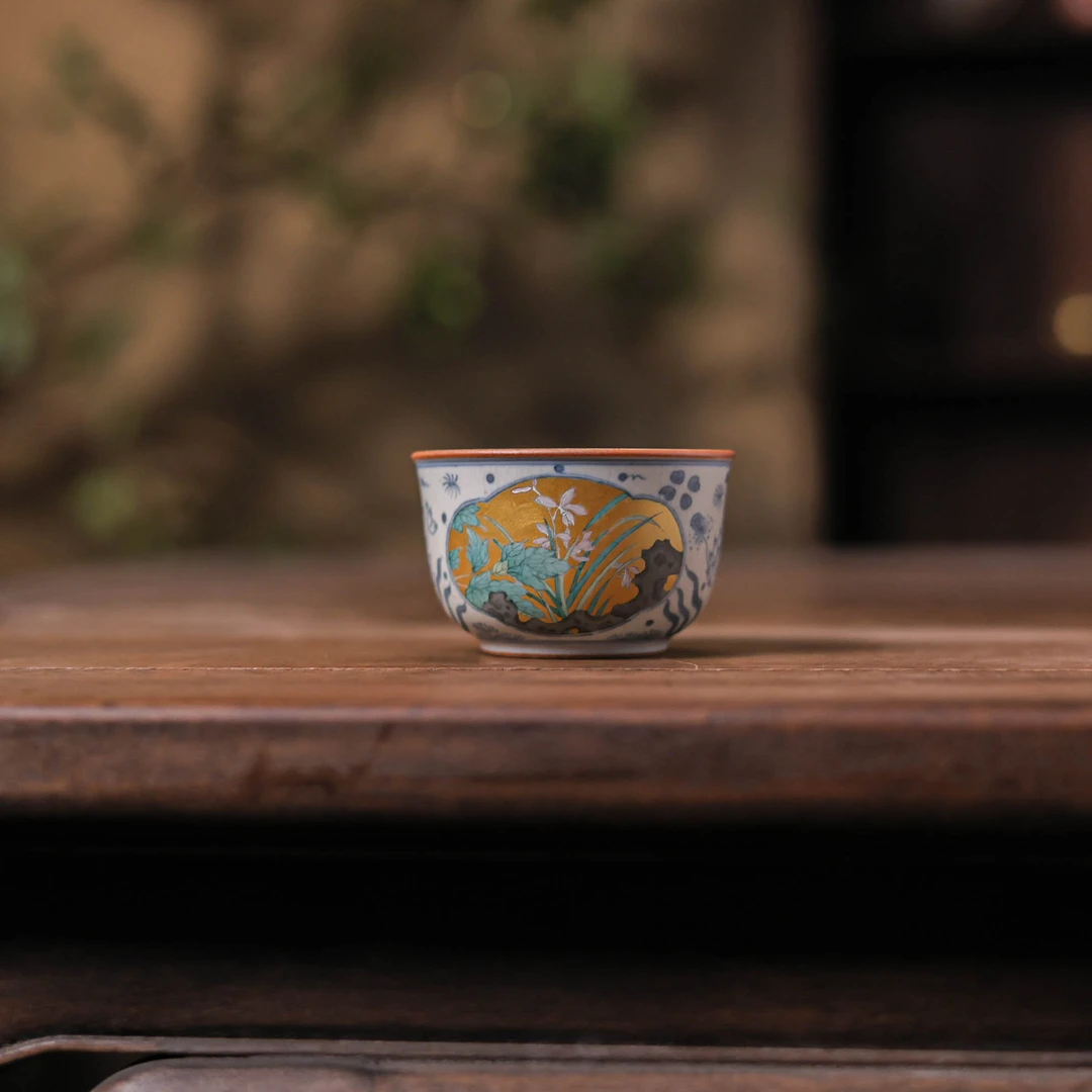 斋居 朴云-海藻鱼-开窗金底-花卉-主人杯-130ml（朴杯0519）