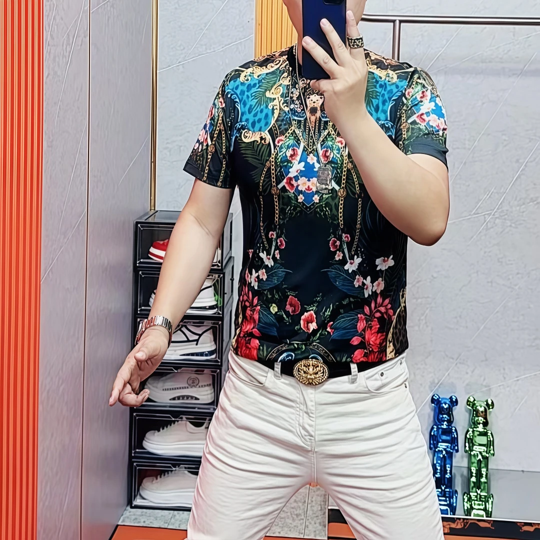 阿伟家气质T恤修身常规印花男款短袖网红植物花卉休闲夏季时尚潮