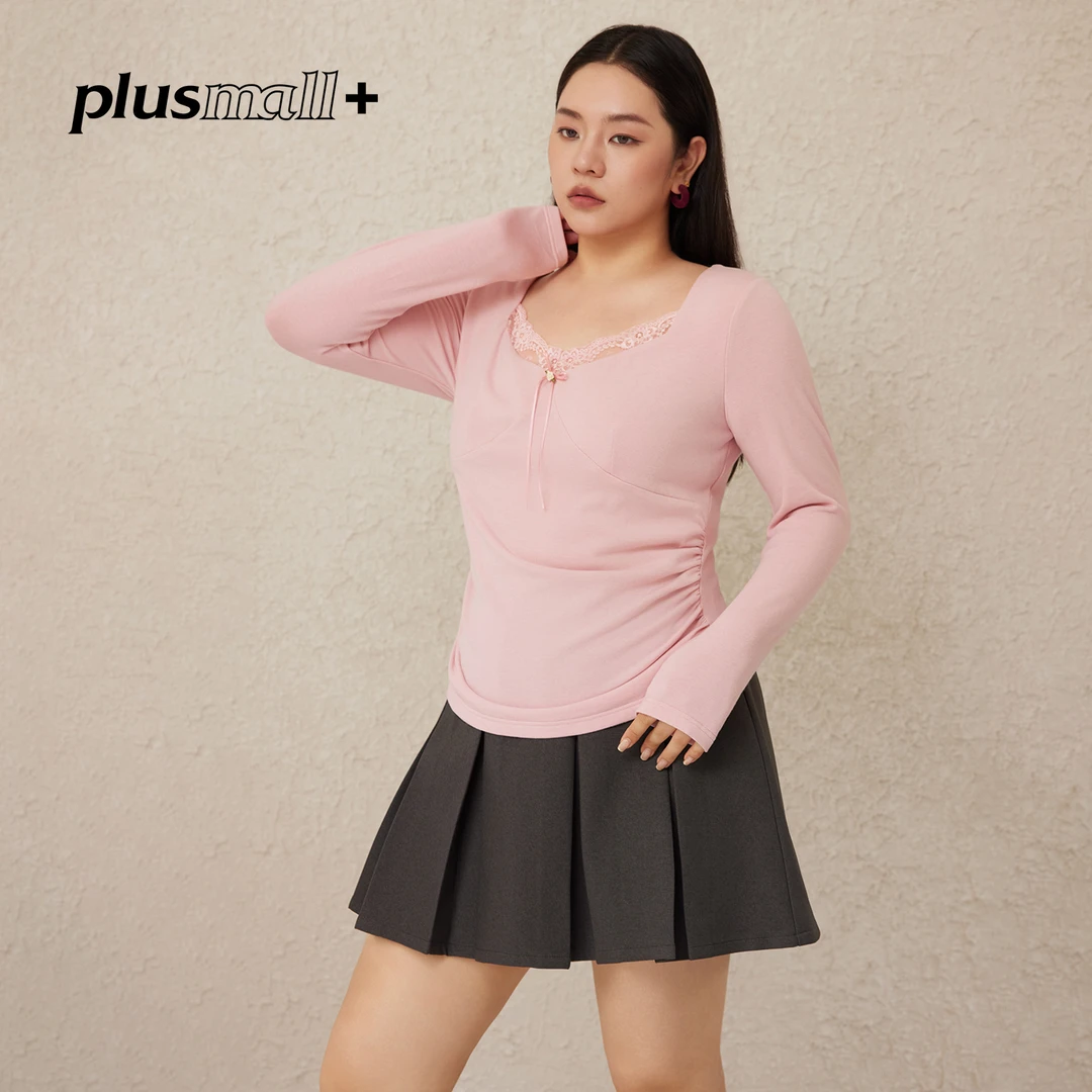 PLUSMALL 粉黛小鹿 纯欲蕾丝蝴蝶结打底修身钻石领上衣PM2501114