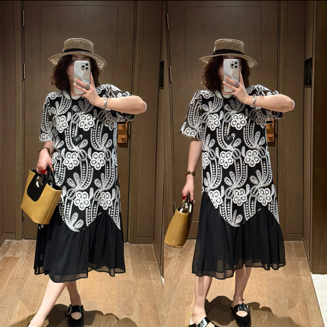 YDFSTUDIO小众【云柔甜心】高品重工蕾丝钩花设计拼接时尚连衣裙女