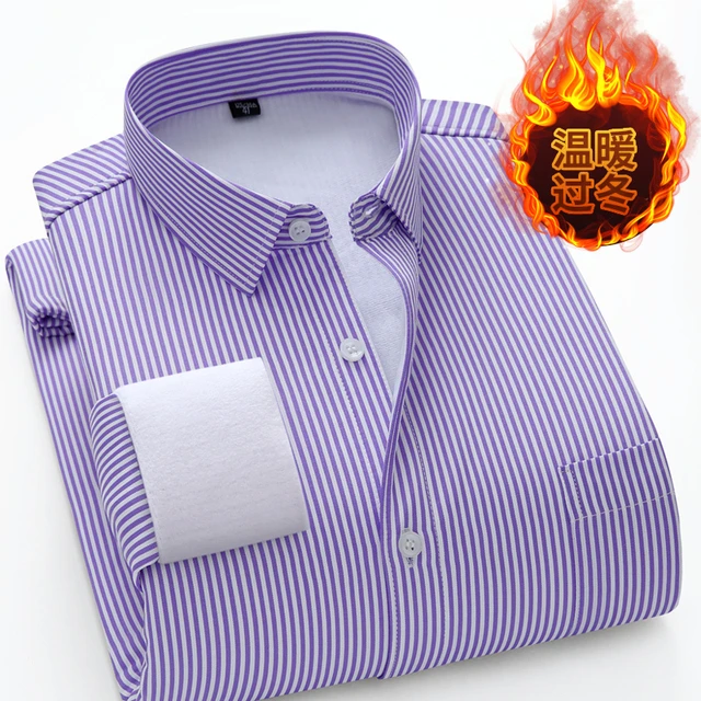 秋冬季男士长袖条纹加绒加厚衬衫商务休闲条纹保暖中年爸爸衬衣寸