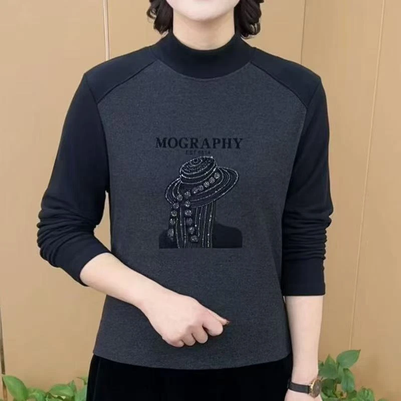 2025春秋半高领拼接气质显瘦百搭新款时尚长袖印花精致