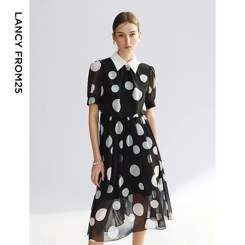 朗姿翻领波点撞色收腰泡泡袖连衣裙2025年夏季新款法式气质通勤裙