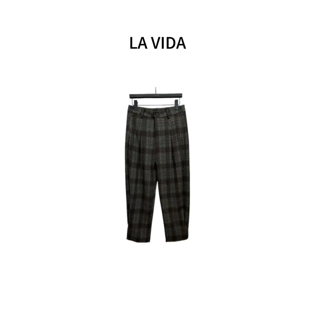 LA VIDA-「高智感」英伦风绿卡格子九分休闲裤