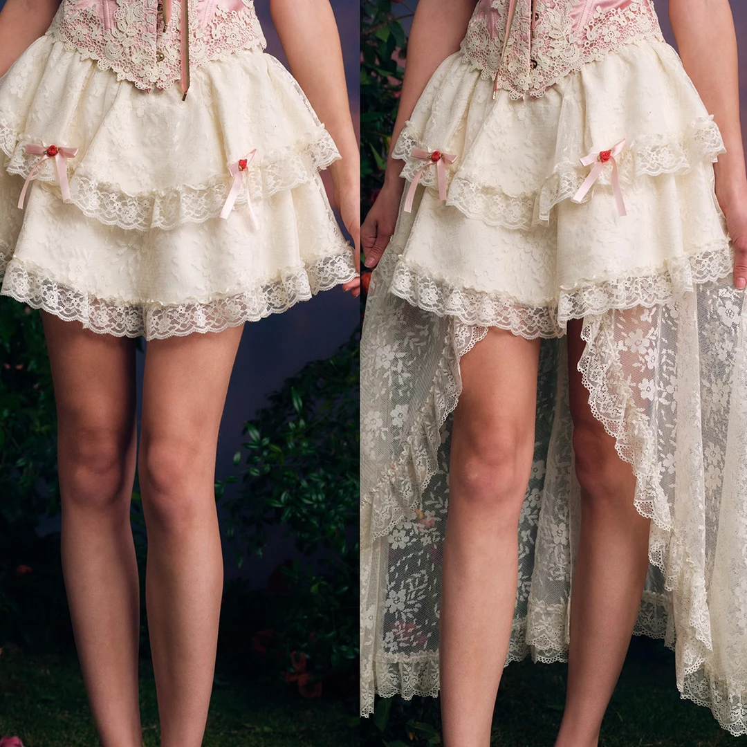 LaceMade 花精灵 法式甜美少女感短款蕾丝半裙两穿小个子A字裙夏